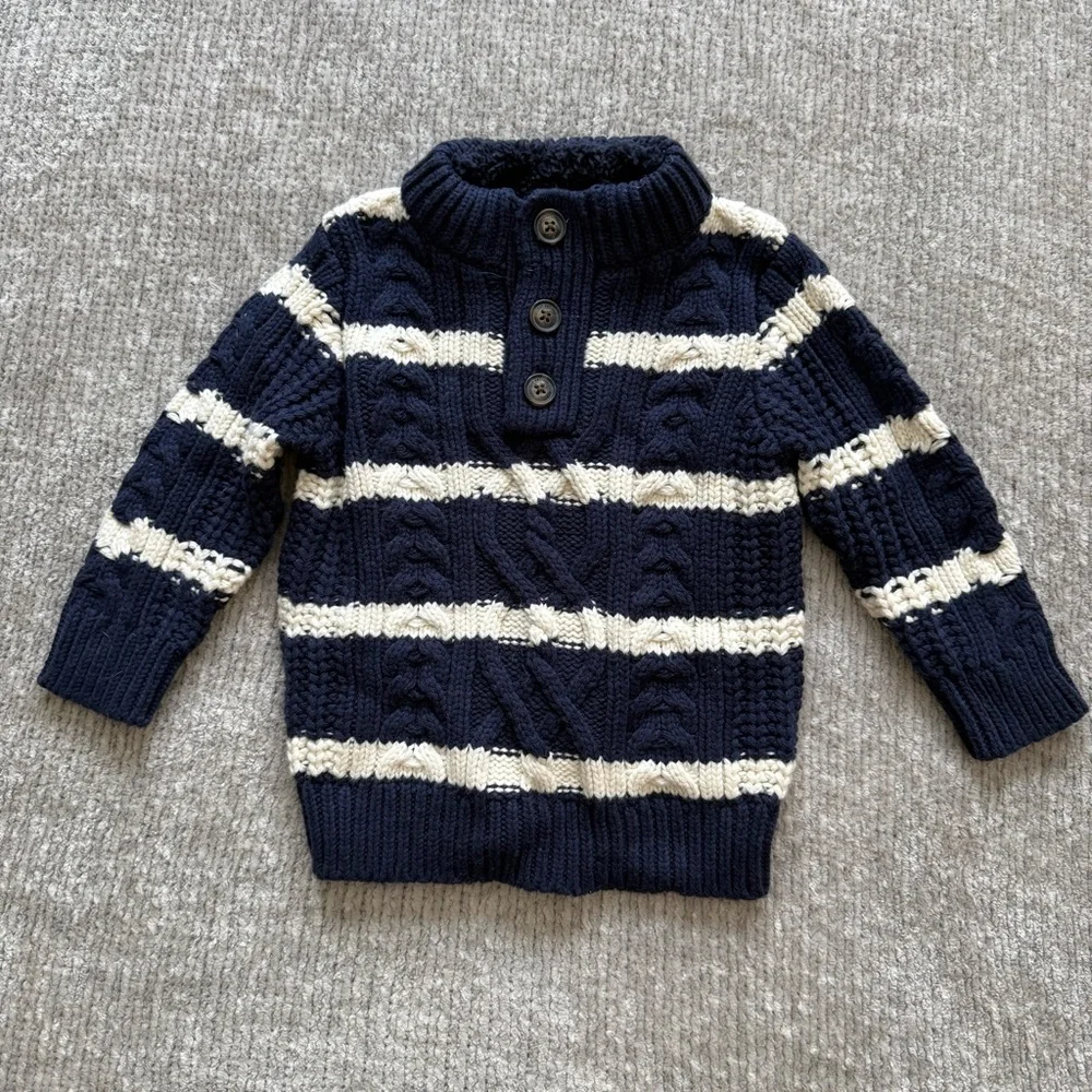 Baby Gap Cable‎ Knit Sweater Navy Cream Stripe Toddler 12–18M